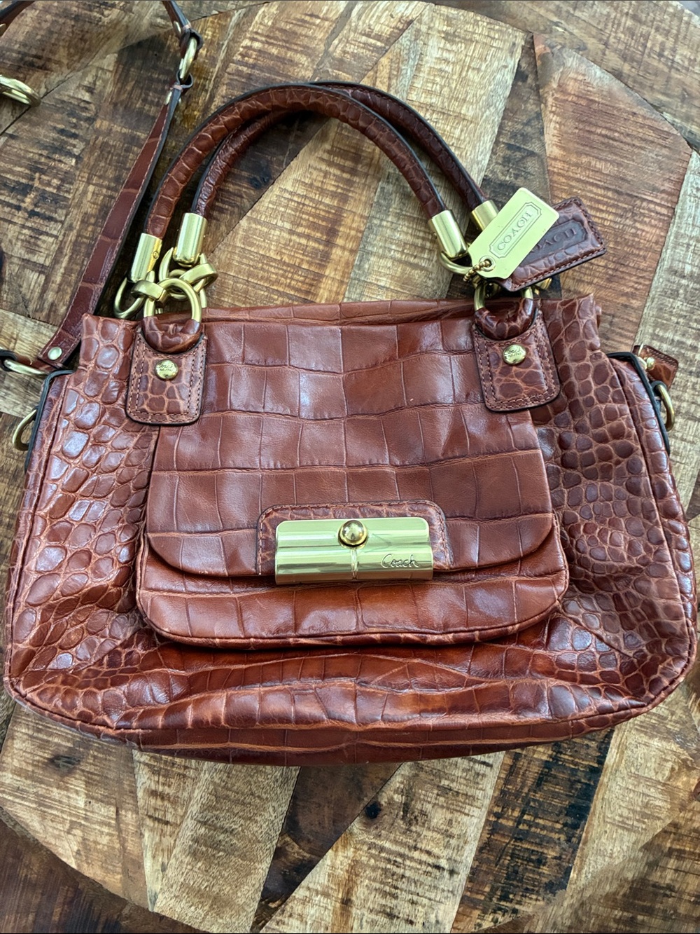 Coach Cognac Croc-Embossed Leather Shoulder Bag with Gold Hardware